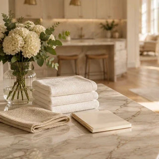 Luxury home cleaning checklist setup with neatly folded white towels, reusable cleaning cloths, fresh flowers, and a notebook on a marble kitchen island in a bright, elegant home.