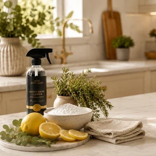 Luxury eco-friendly kitchen cleaning setup with a multipurpose cleaner spray bottle, fresh lemons, baking soda, natural greenery, and reusable cloths on a marble countertop.