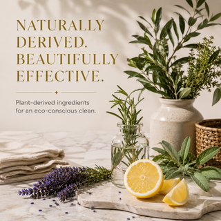 Plant-derived cleaning product styled with lemon, rosemary, lavender, and a woven basket on marble.